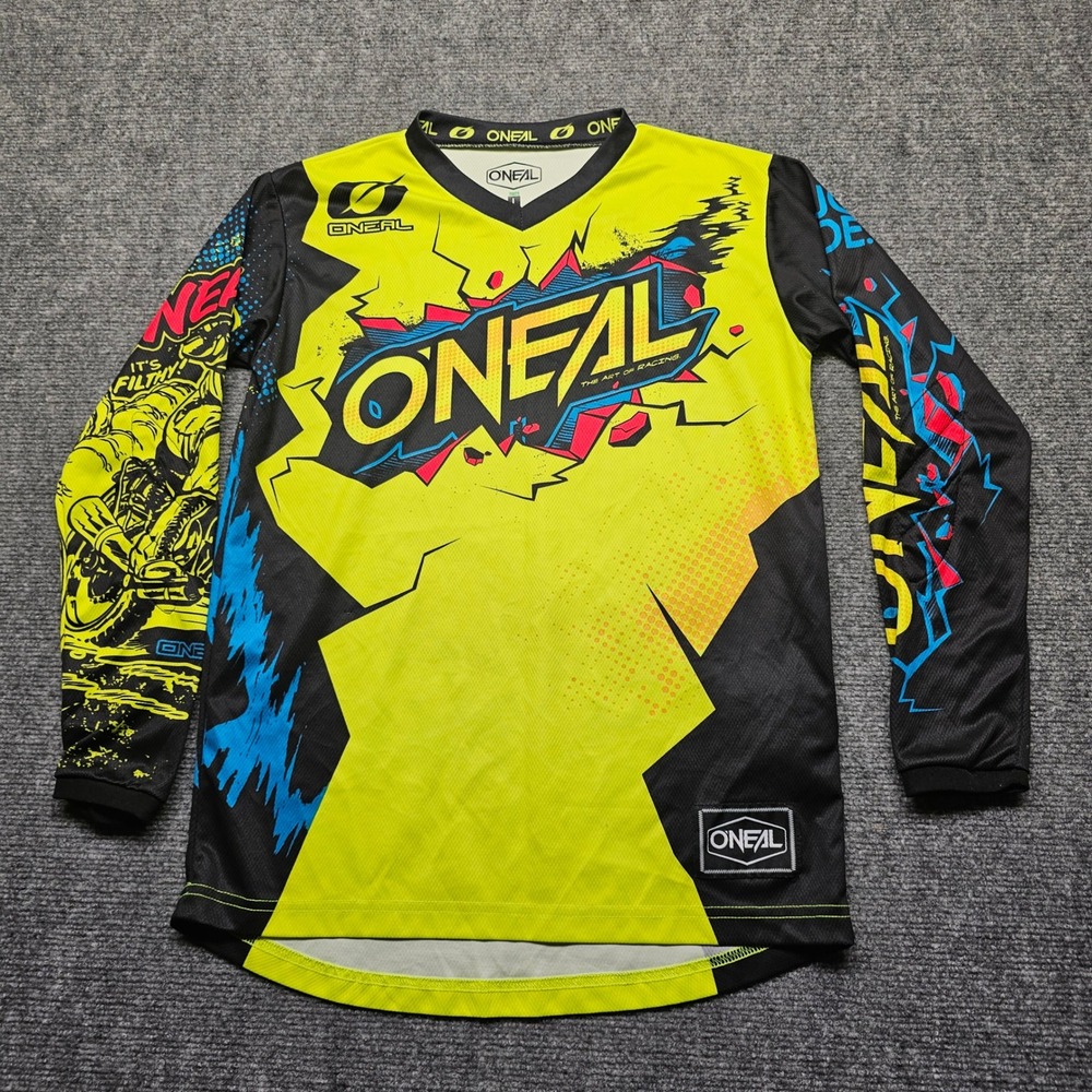ONeal Youth Large MX Motocross Jersey Neon Yellow Black Blue Long Sleeve L